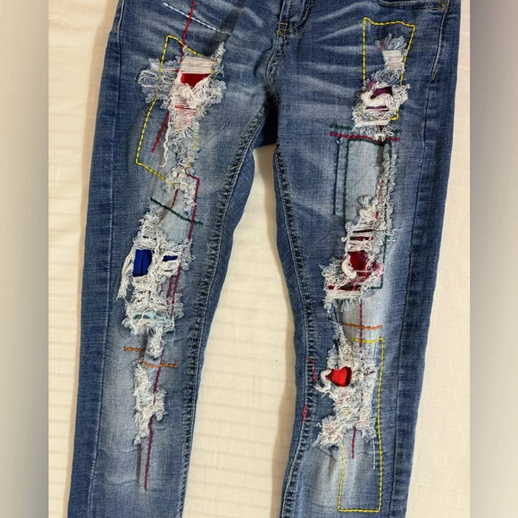 Decibel denim jeans. Distressed Ripped Patched Colorful Embroidered 28x31 - Picture 3 of 11